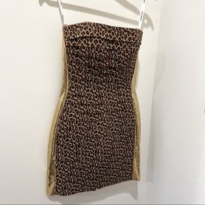Sherri Hill Short Strapless Dress Ruched Animal Print with Gold Sequins Size 0